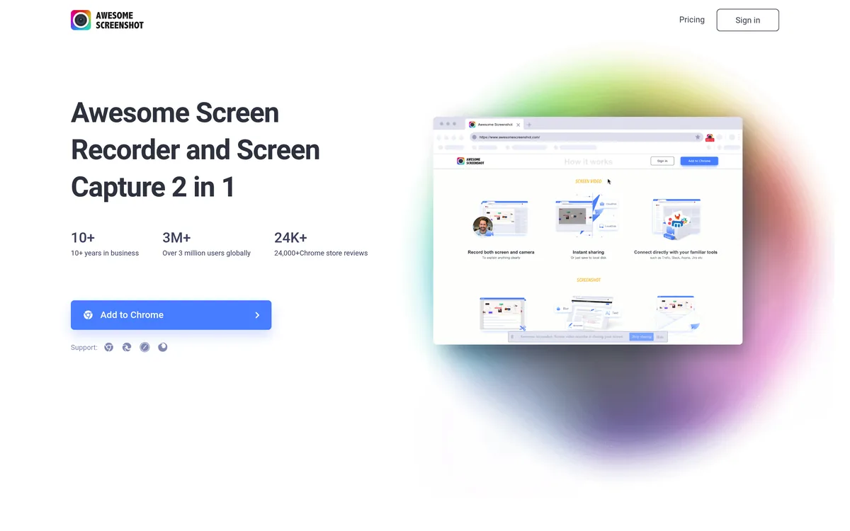 The Awesome Screenshot homepage, headline "Awesome Screen Recorder and Screen Capture 2 in 1" with an Add to Chrome button
