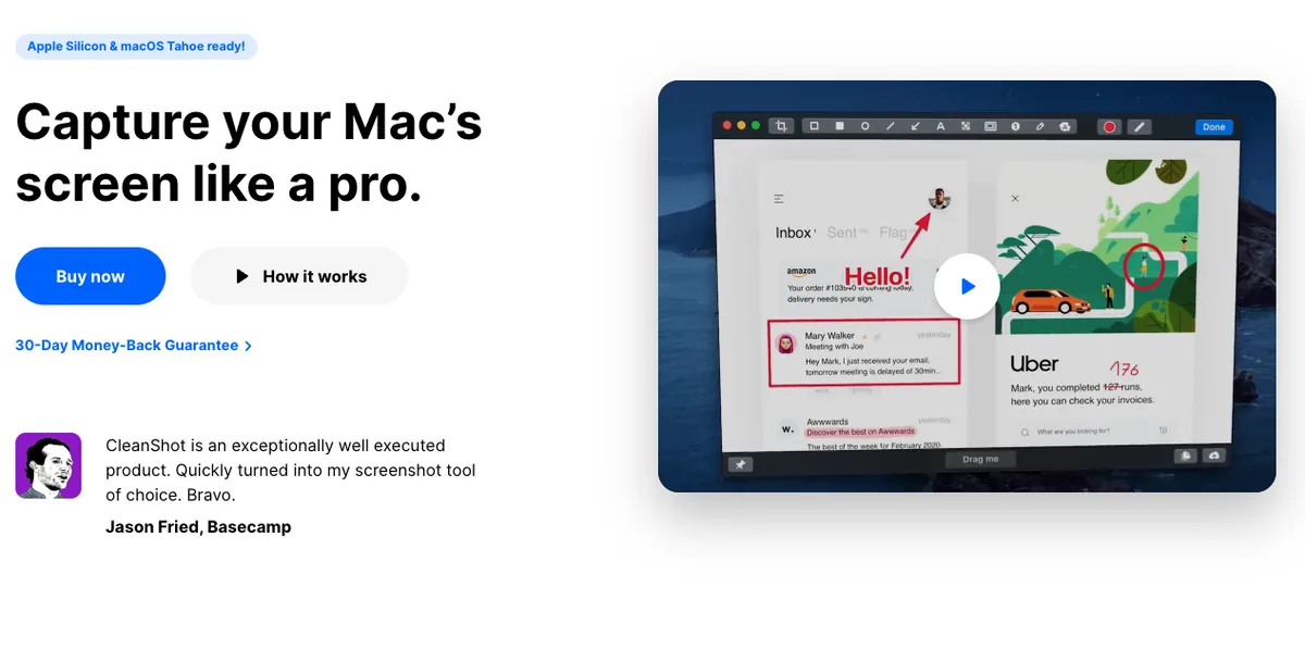 The CleanShot X homepage, headline "Capture your Mac's screen like a pro" with an annotated screenshot in its editor