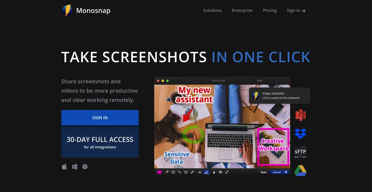 The Monosnap homepage, headline "Take screenshots in one click" with its editor and integration icons for Dropbox, sFTP and Google Drive