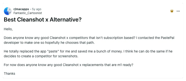 A post in the r/macapps subreddit titled "Best Cleanshot x Alternative?", asking for CleanShot X competitors that are not subscription based and are M1 ready
