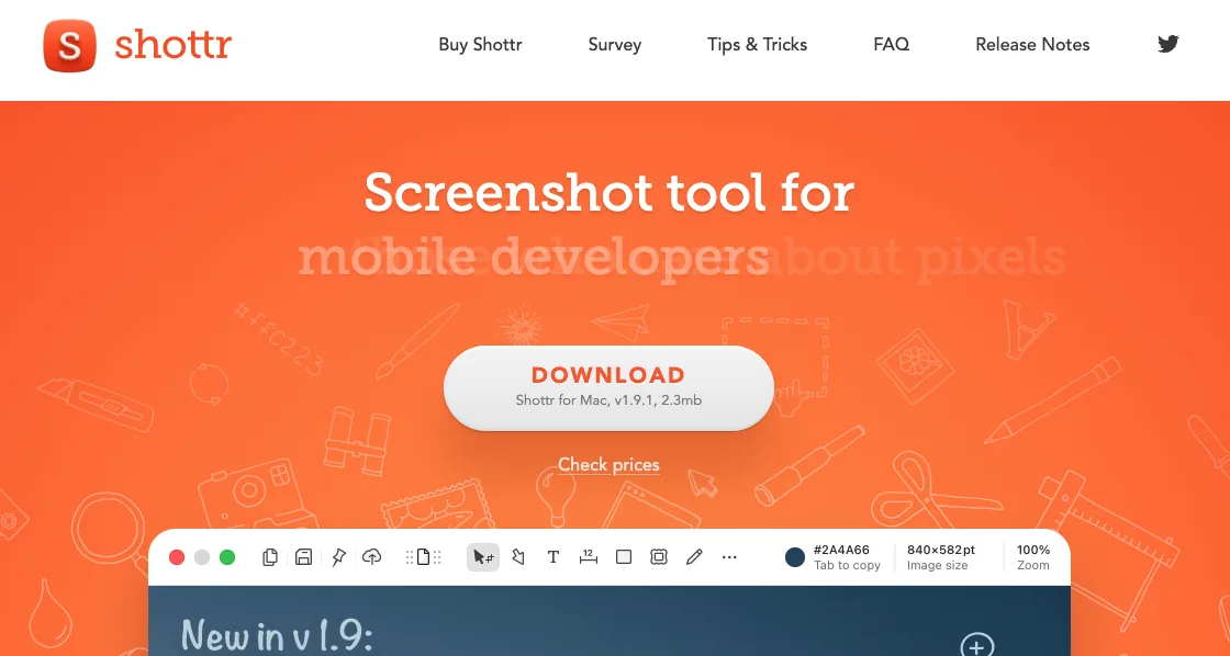 The Shottr homepage, headline "Screenshot tool for mobile developers" and a download button showing version 1.9.1 at 2.3mb