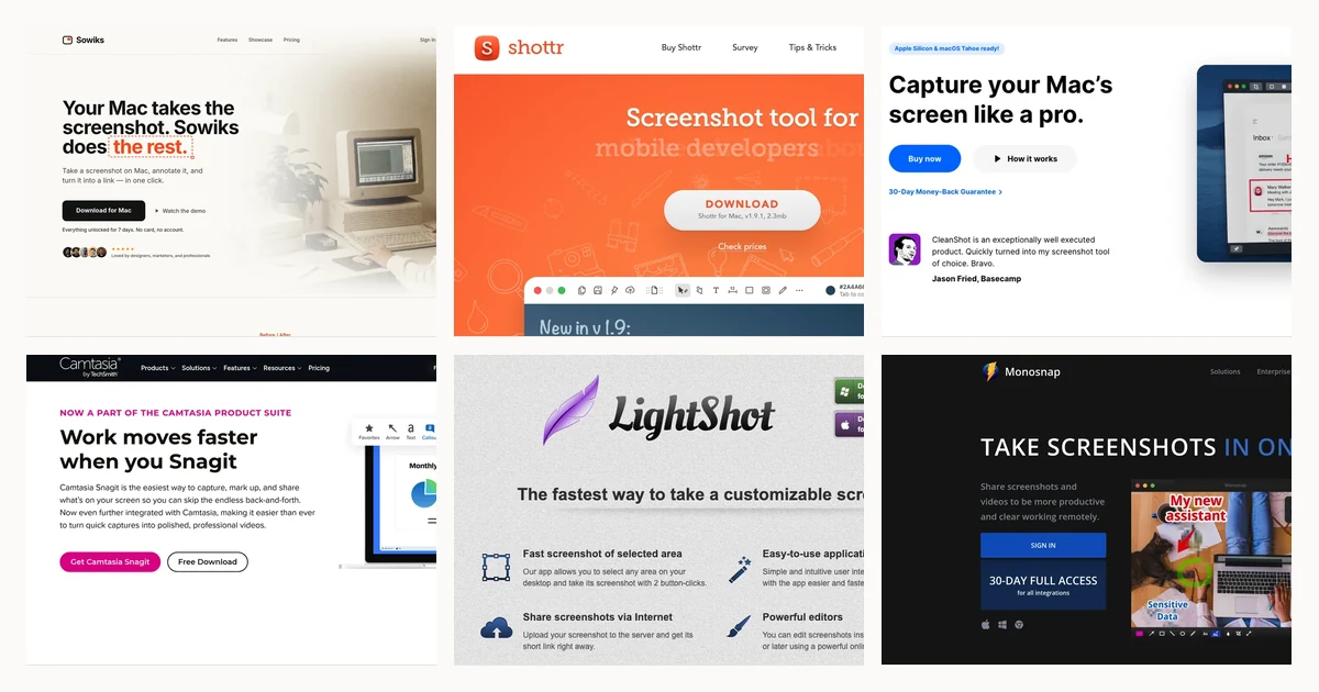 Homepages of six Mac screenshot apps side by side: Sowiks, Shottr, CleanShot X, Snagit, Lightshot and Monosnap