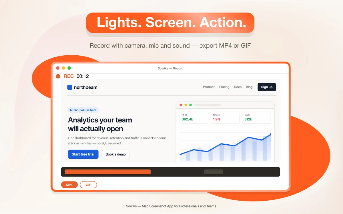 Sowiks recording a browser window on macOS, with MP4 and GIF export